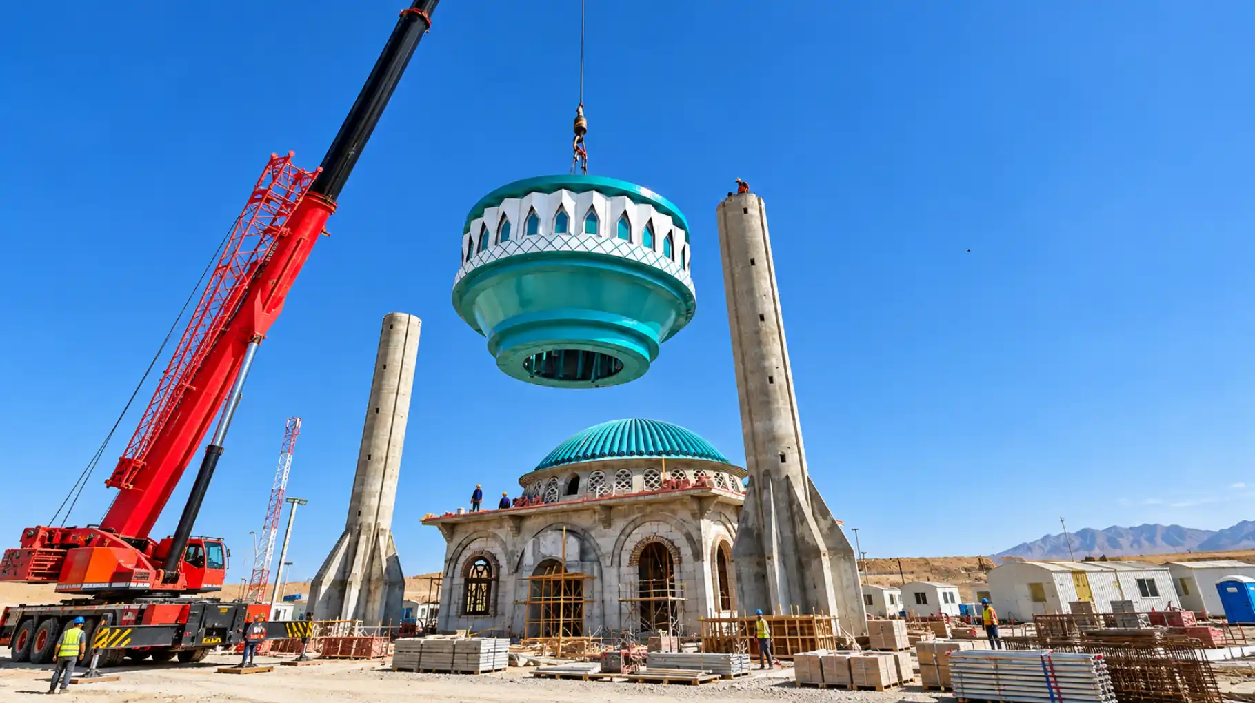 Steel minaret balcony being lifted into place by mobile crane