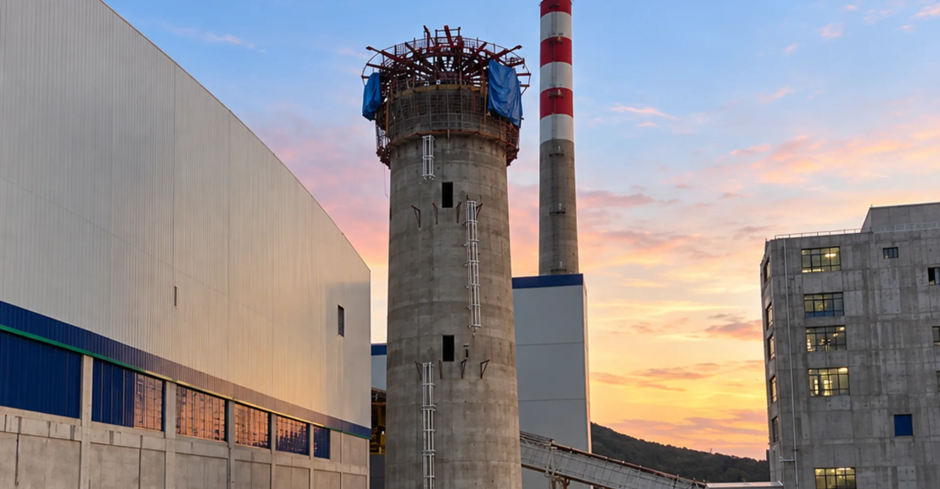 Fuste de la chimenea ascendiendo con encofrado deslizante junto a la fábrica de vidrio de Bozüyük al atardecer