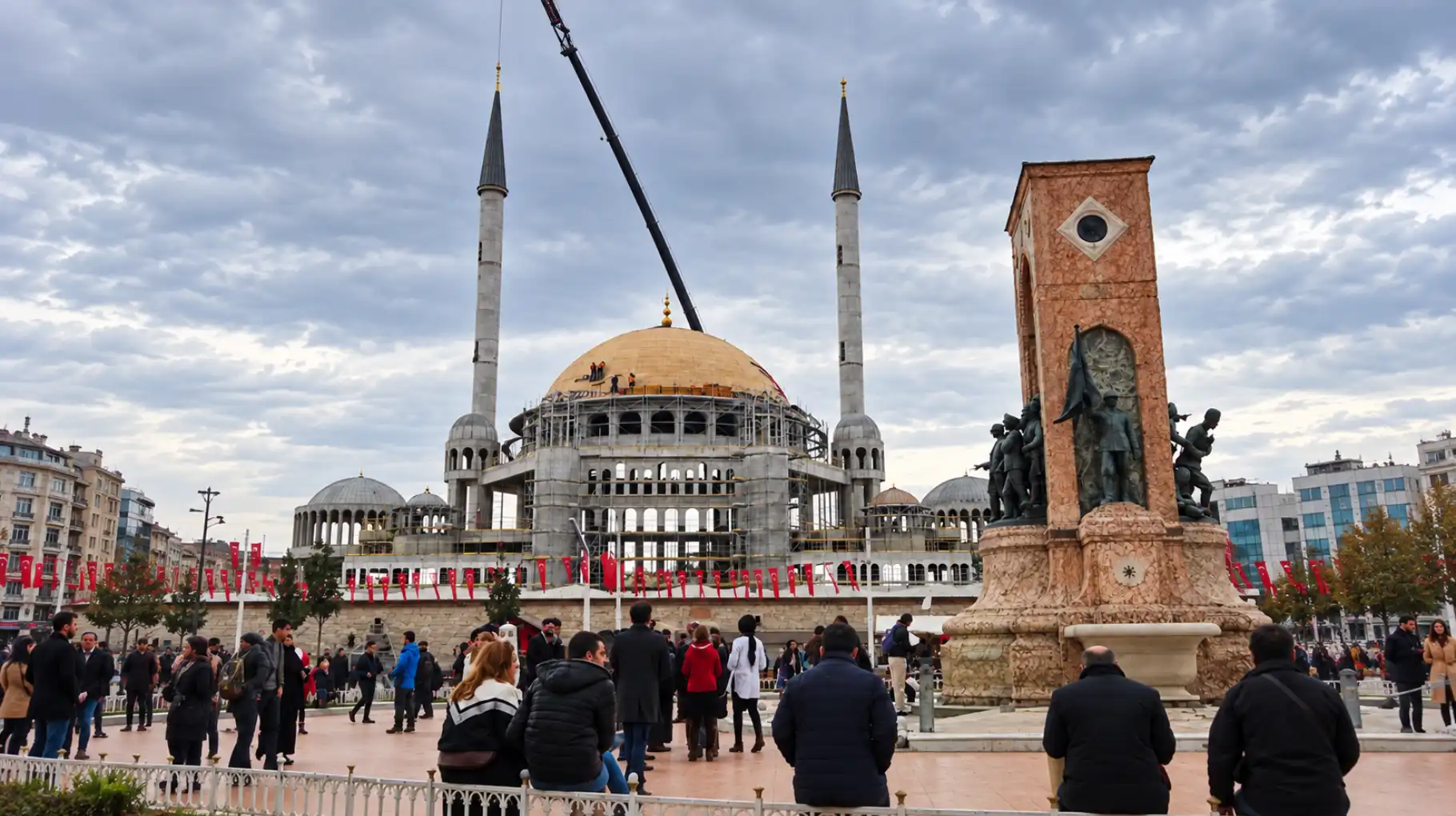 Taksim Mosque dome and minarets under construction in Taksim Square, Istanbul