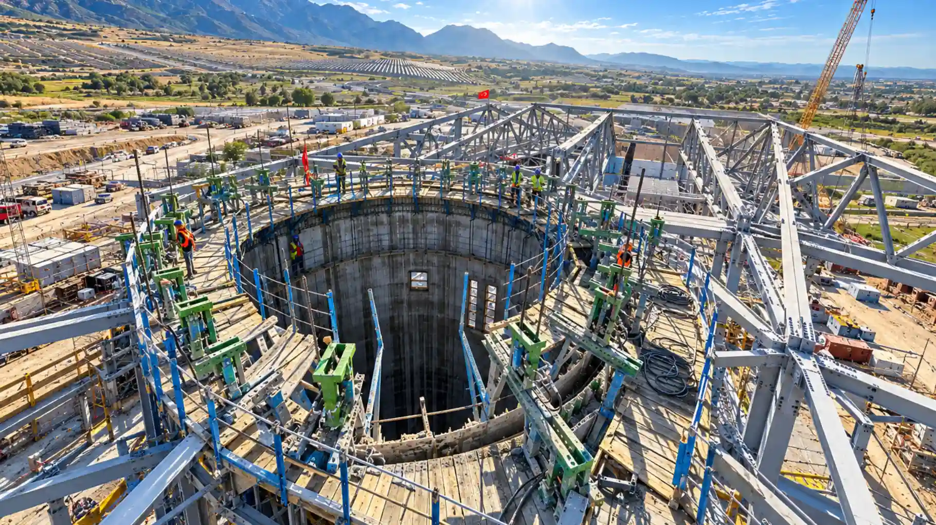 Slipform deck and jacking yokes on a silo with steel roof structure