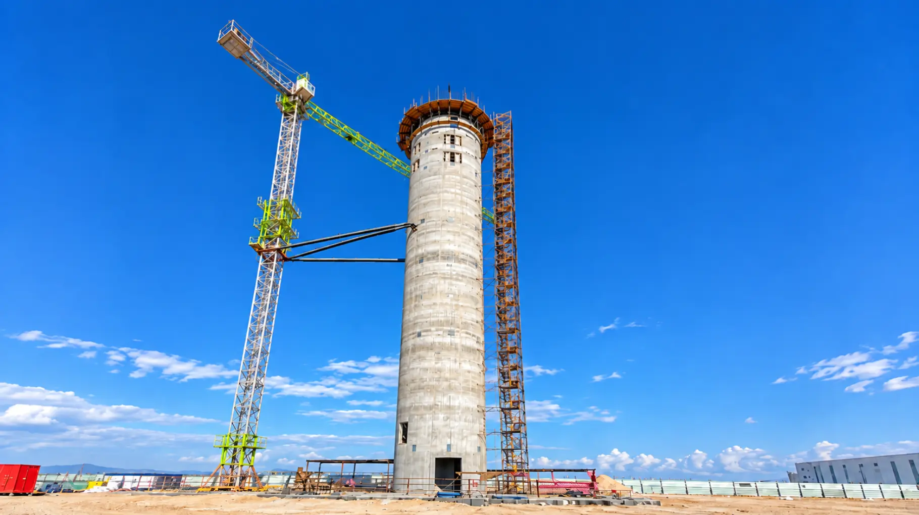 Benghazi observation tower shell with external stair tower and crane